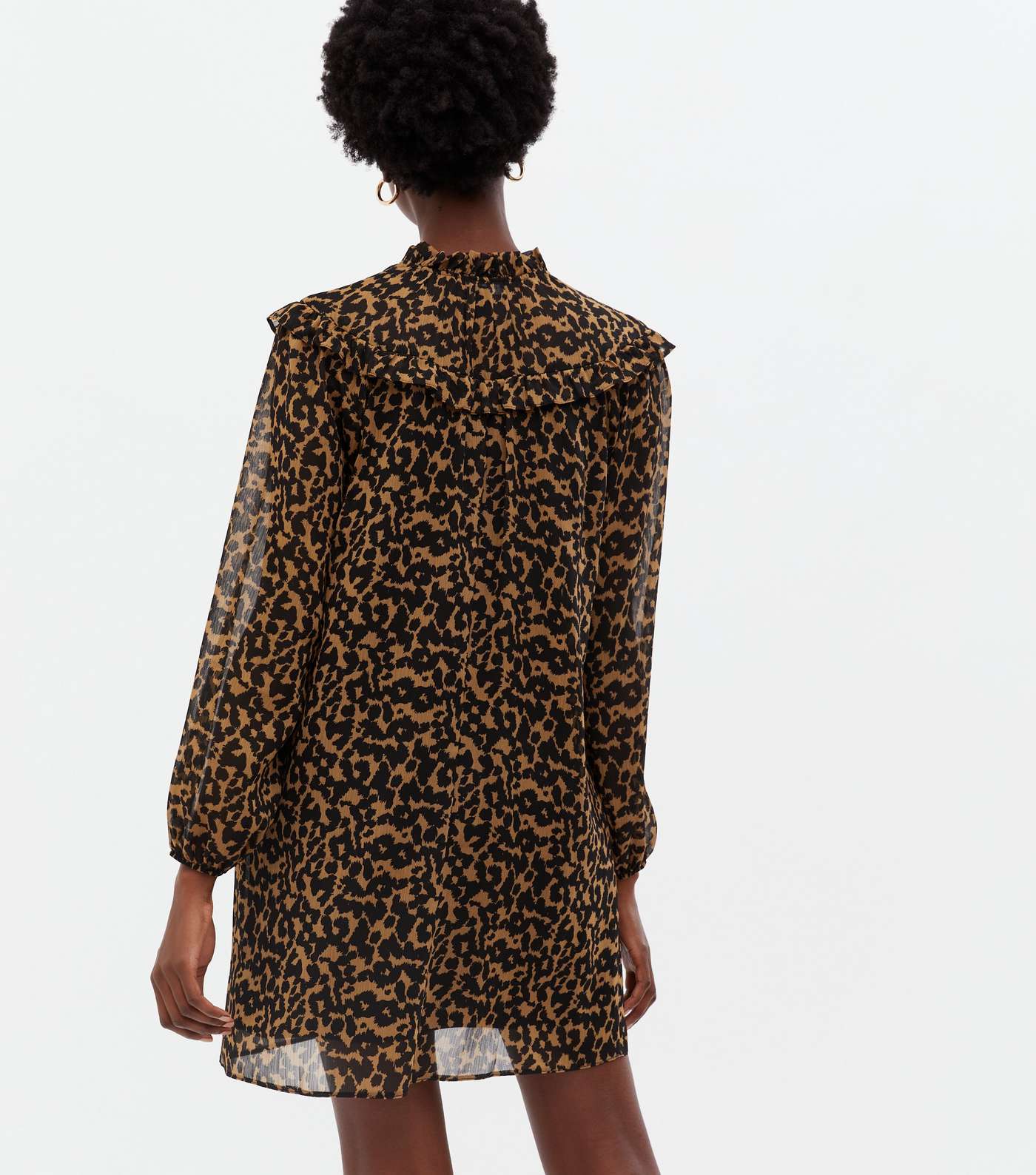 Brown Leopard Print Chiffon Frill Tie High Neck Mini Dress Image 4