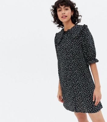 Black Ditsy Floral Fill Collar Button Mini Dress