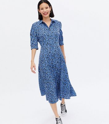 new look midi dress in blue floral print