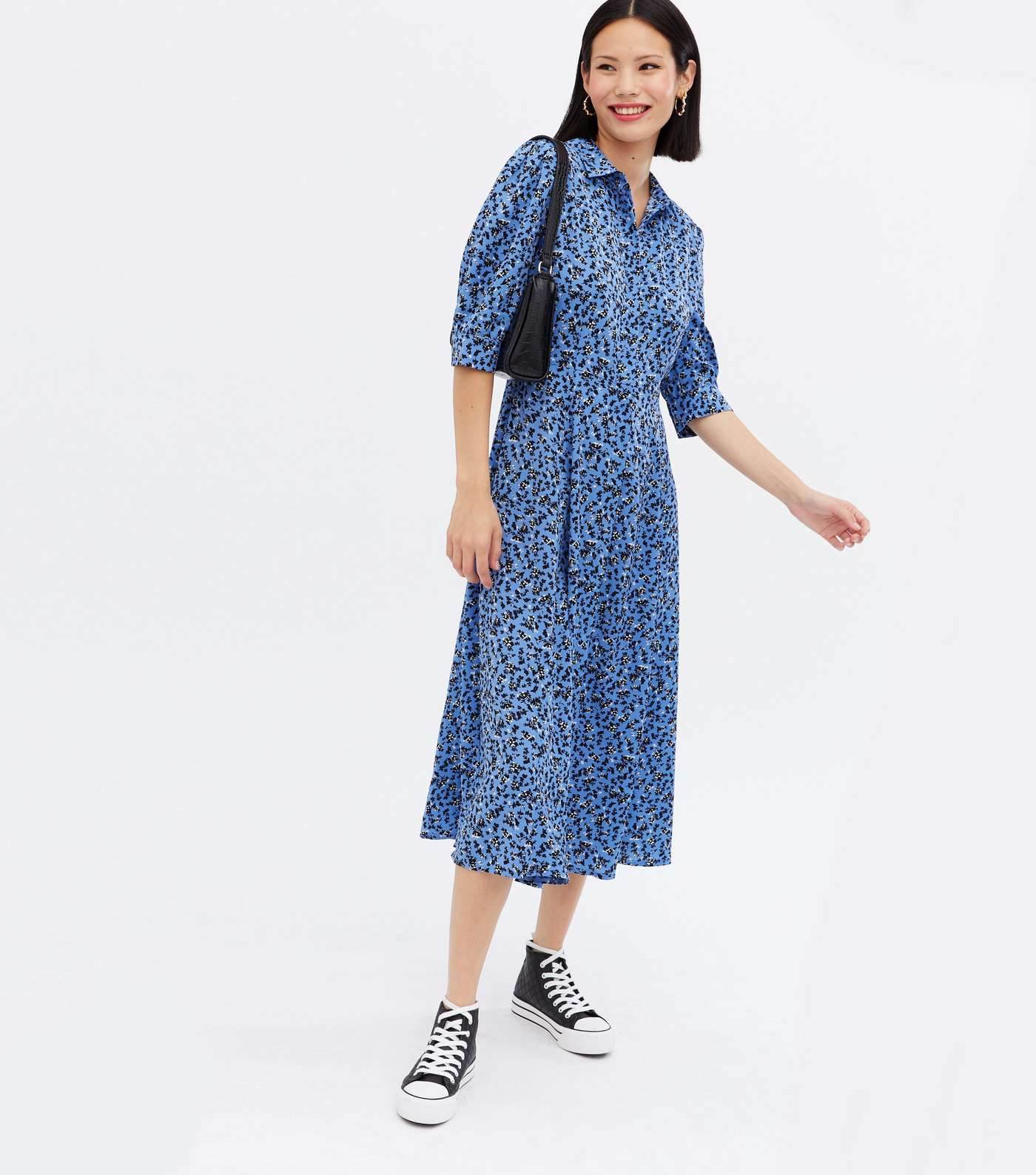 Blue Floral Long Sleeve Midi Shirt Dress Image 2