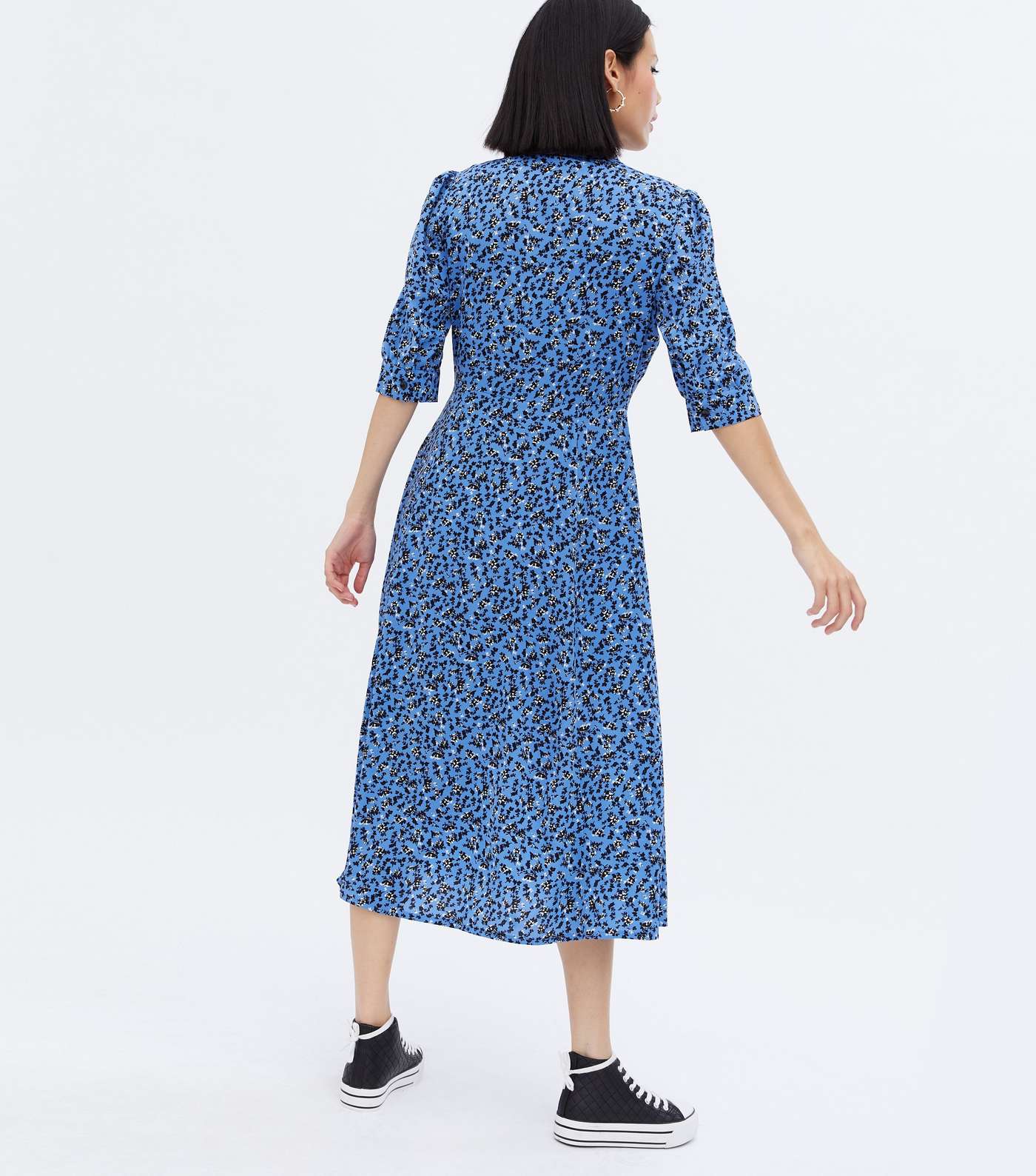 Blue Floral Long Sleeve Midi Shirt Dress Image 4