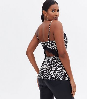 Black Zebra Print Satin Lace Trim Cami