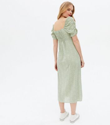 Click to view product details and reviews for Light Green Leopard Print Square Neck Ruched Split Midi Dress New Look.