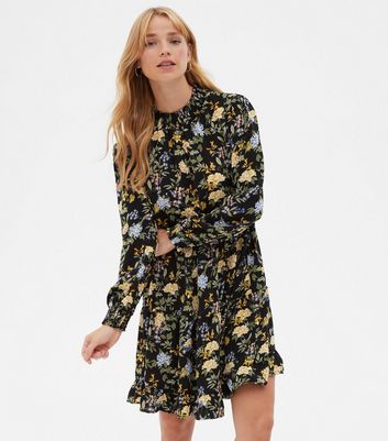 Black Floral Shirred High Neck Tiered Mini Dress