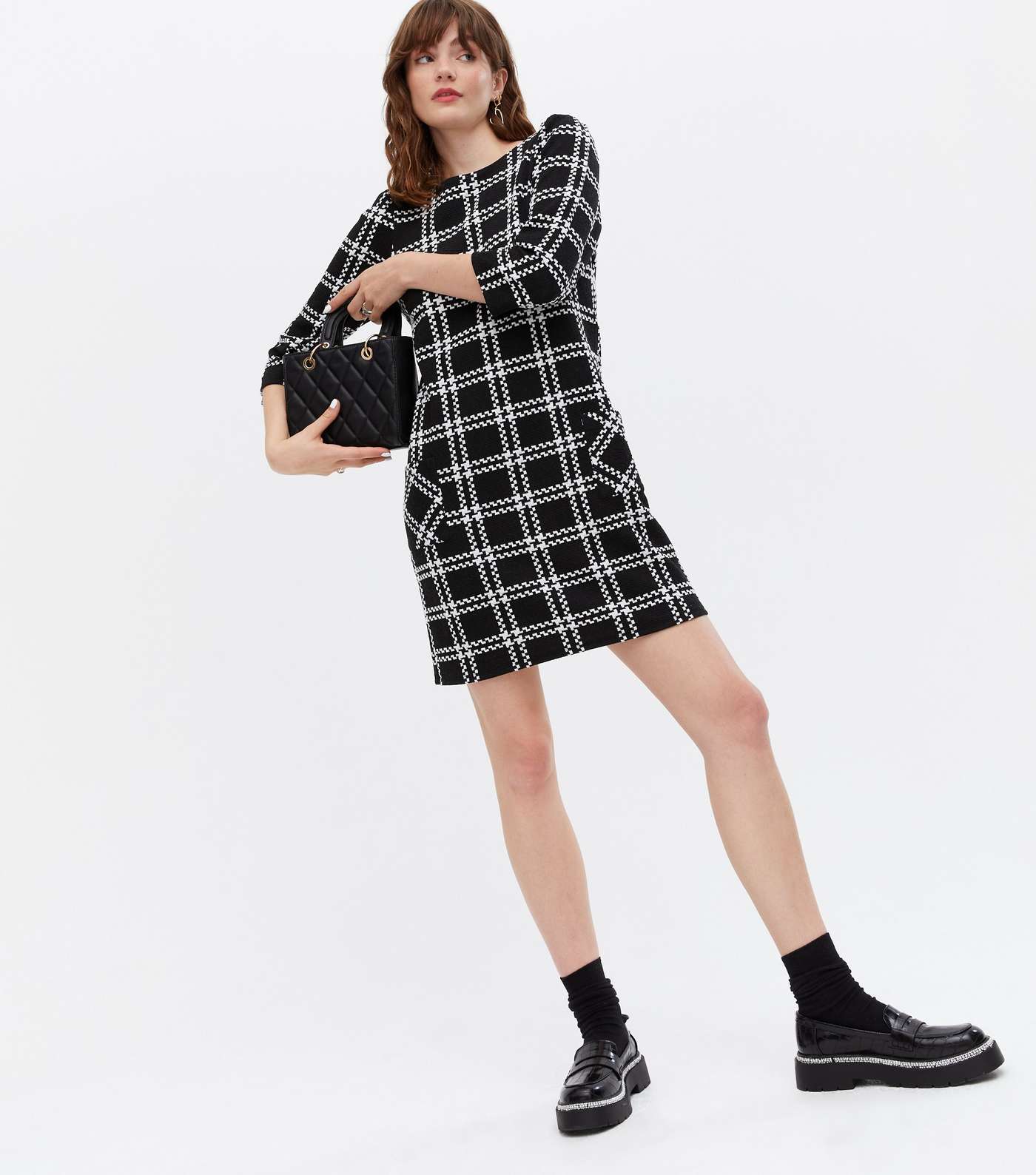 Black Jacquard Grid Check Mini Shift Dress Image 2