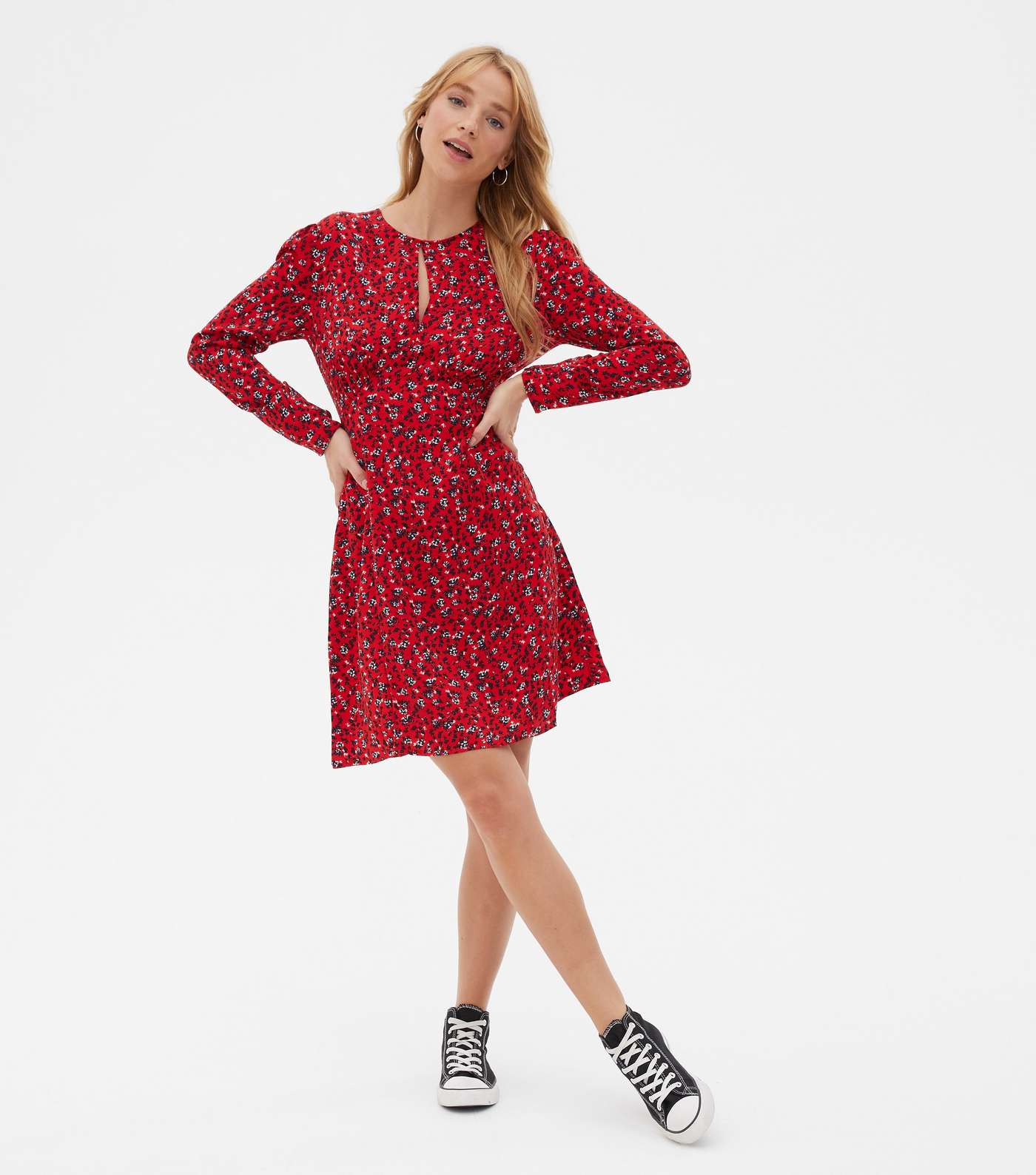 Red Floral Long Sleeve Mini Dress