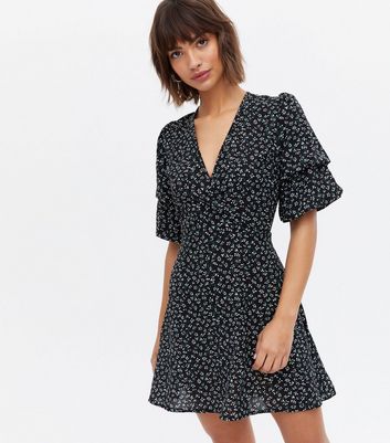 Black Ditsy Floral V Neck Mini Wrap Dress | New Look