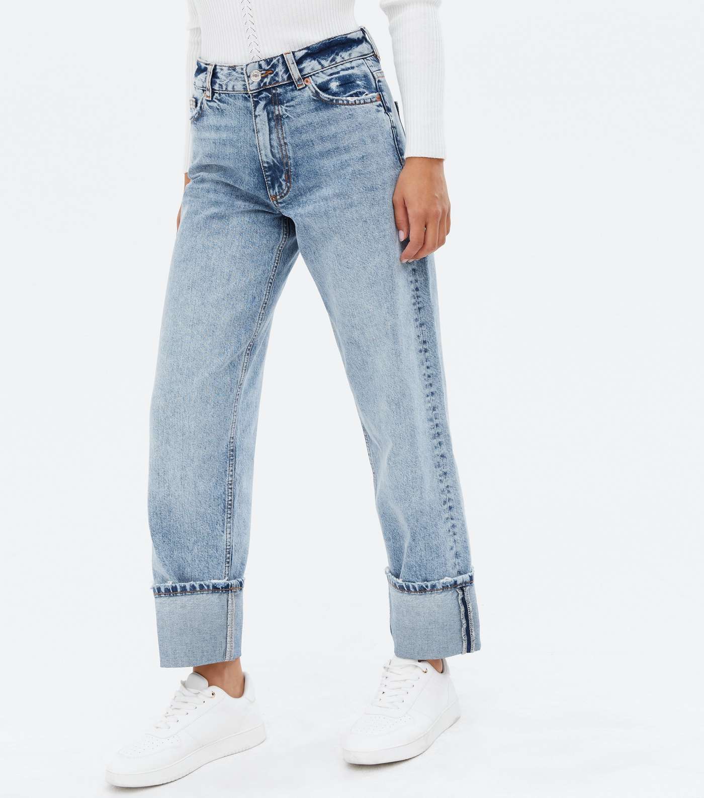 Blue Acid Wash Turn Up Ankle Grazing Hannah Straight Leg Jeans Image 2
