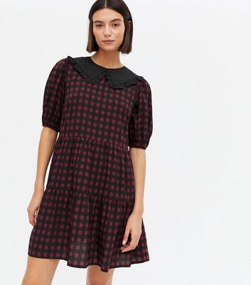 Red Gingham Frill Collar Tiered Mini Smock Dress