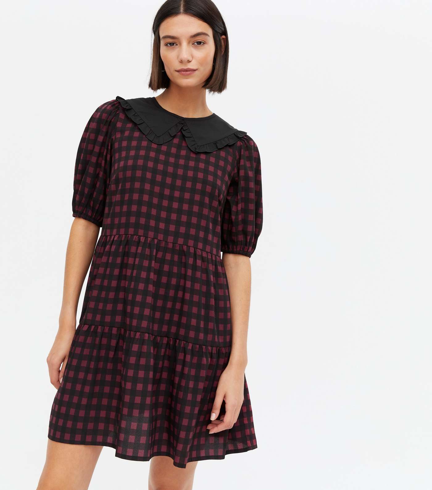 Red Gingham Frill Collar Tiered Mini Smock Dress