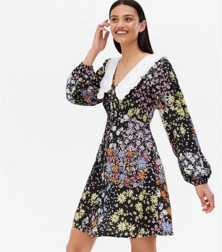 Black Ditsy Floral Crepe Frill Collar Mini Dress