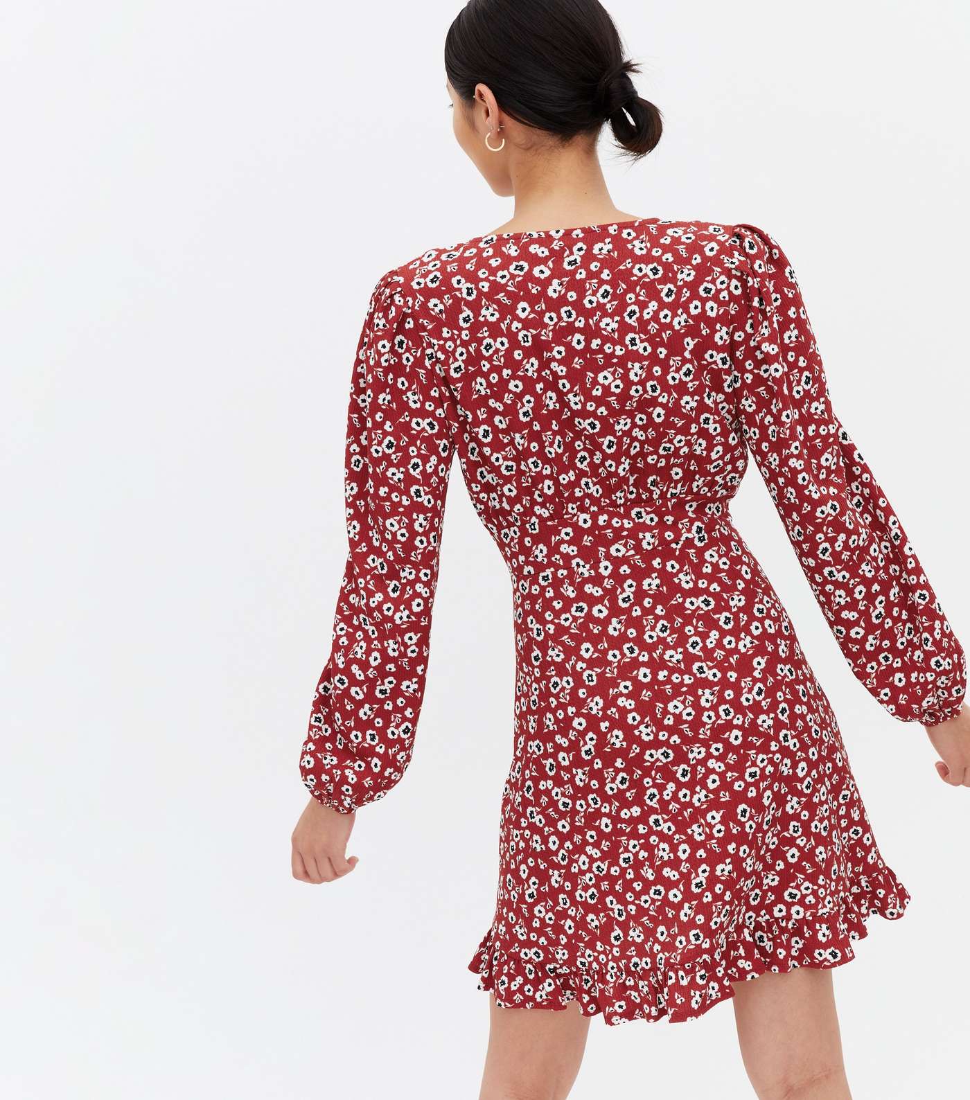 Red Ditsy Floral Long Sleeve Frill Mini Dress Image 4