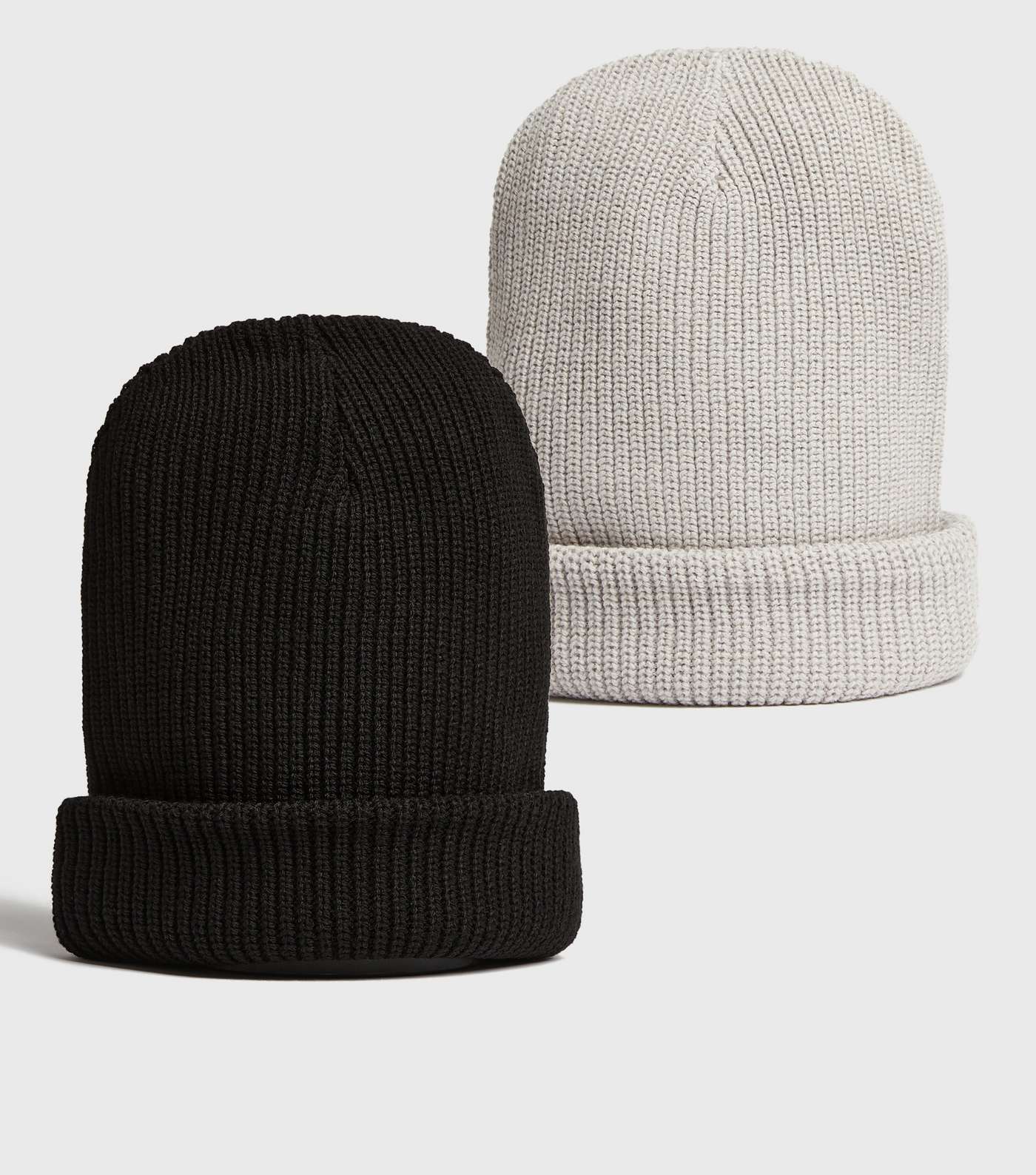 2 Pack Black and Grey Ribbed Knit Beanies Image 2