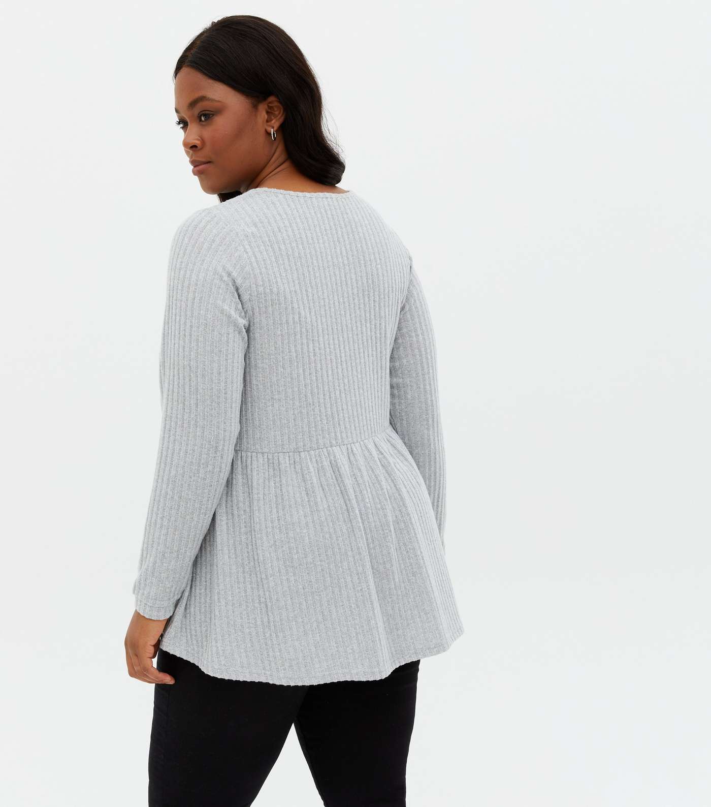 Curves Pale Grey Ribbed Fine Knit Peplum Top Image 4