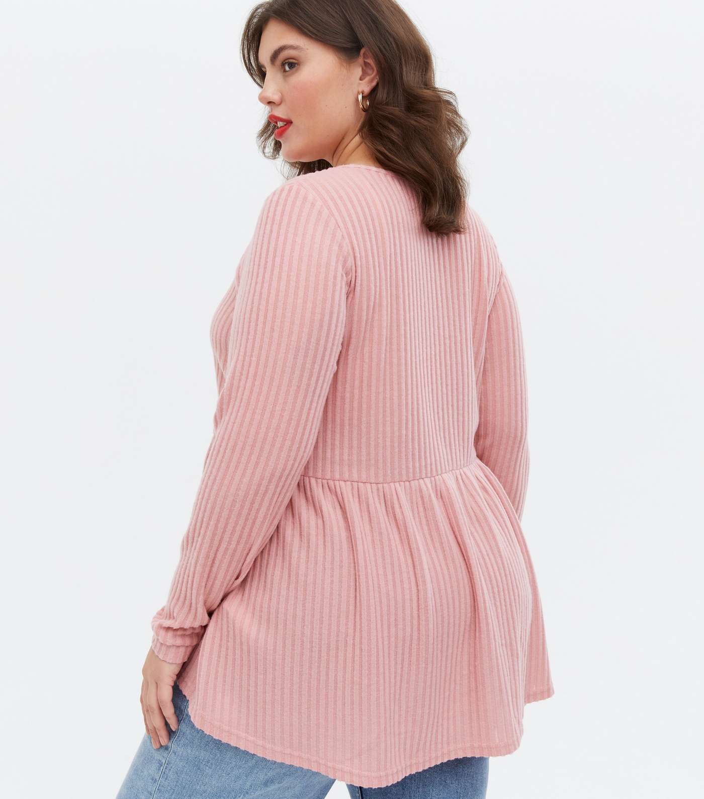 Curves Mid Pink Ribbed Fine Knit Peplum Top Image 4