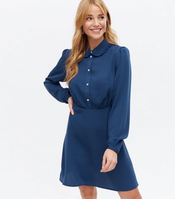 Navy Faux Pearl Button Frill Collar Mini Shirt Dress