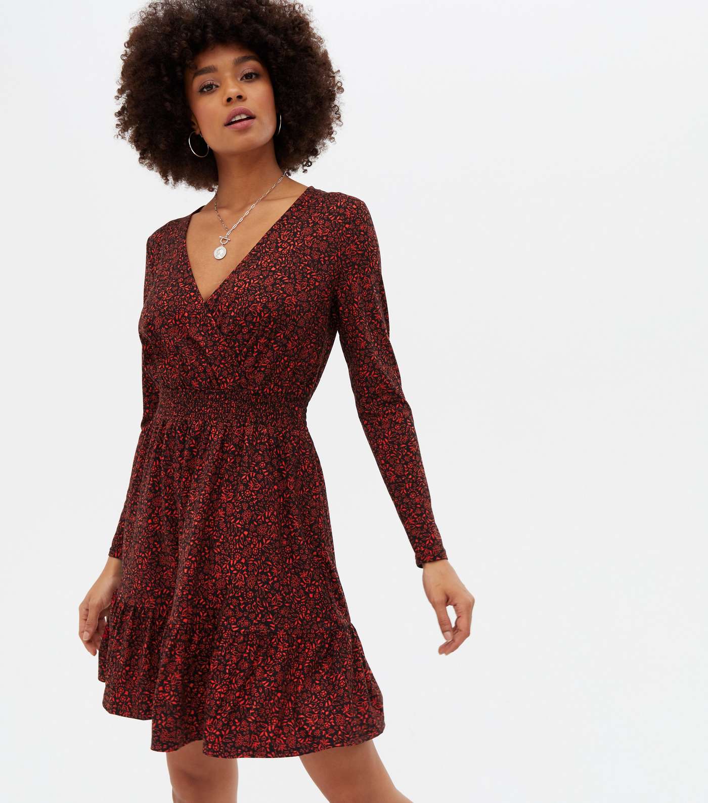 Red Ditsy Floral Shirred Mini Wrap Dress Image 2