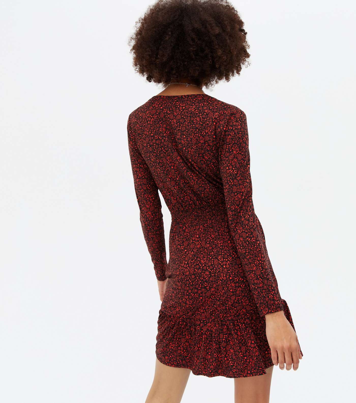 Red Ditsy Floral Shirred Mini Wrap Dress Image 4