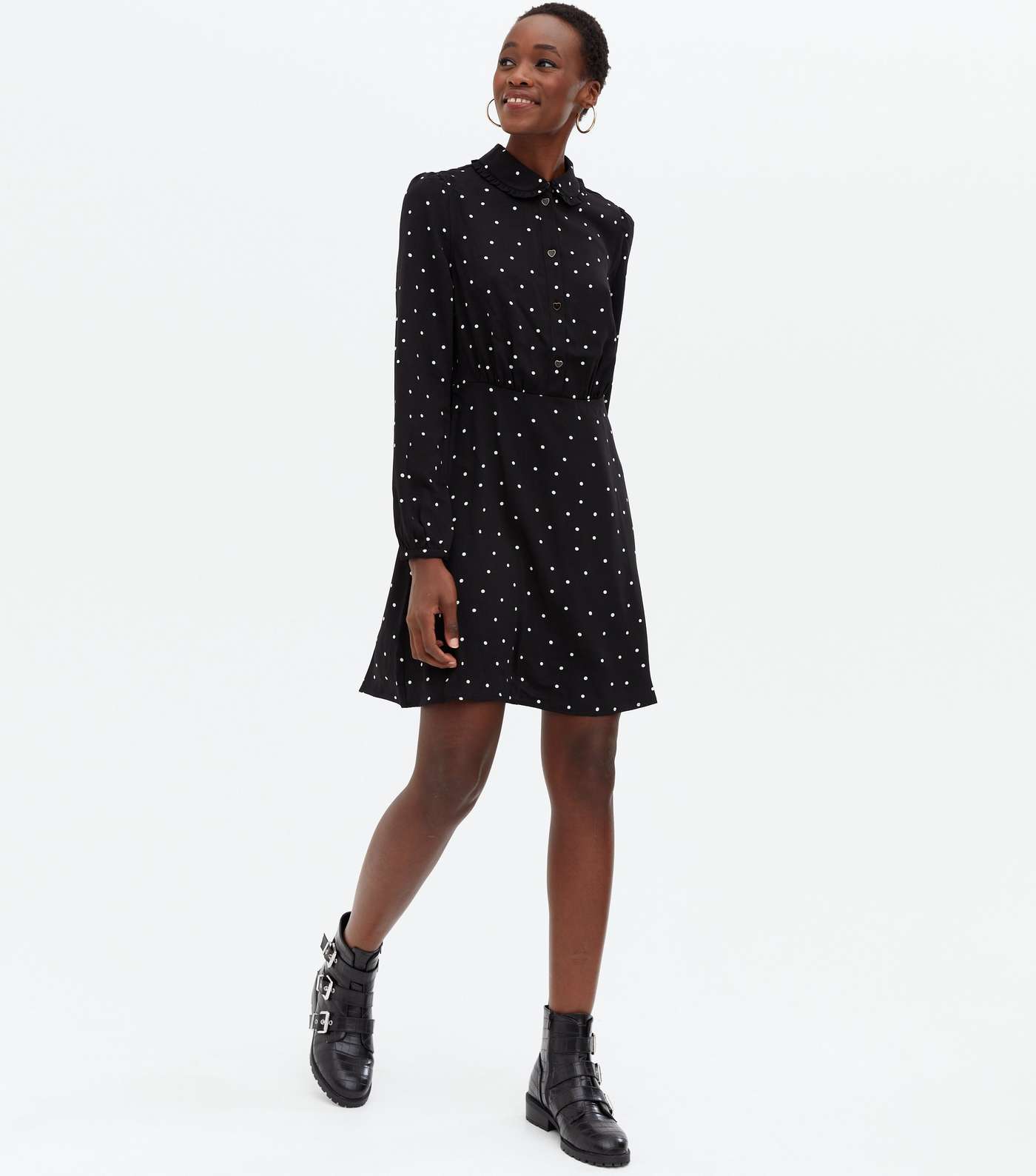 Tall Black Spot Frill Collar Mini Shirt Dress Image 2