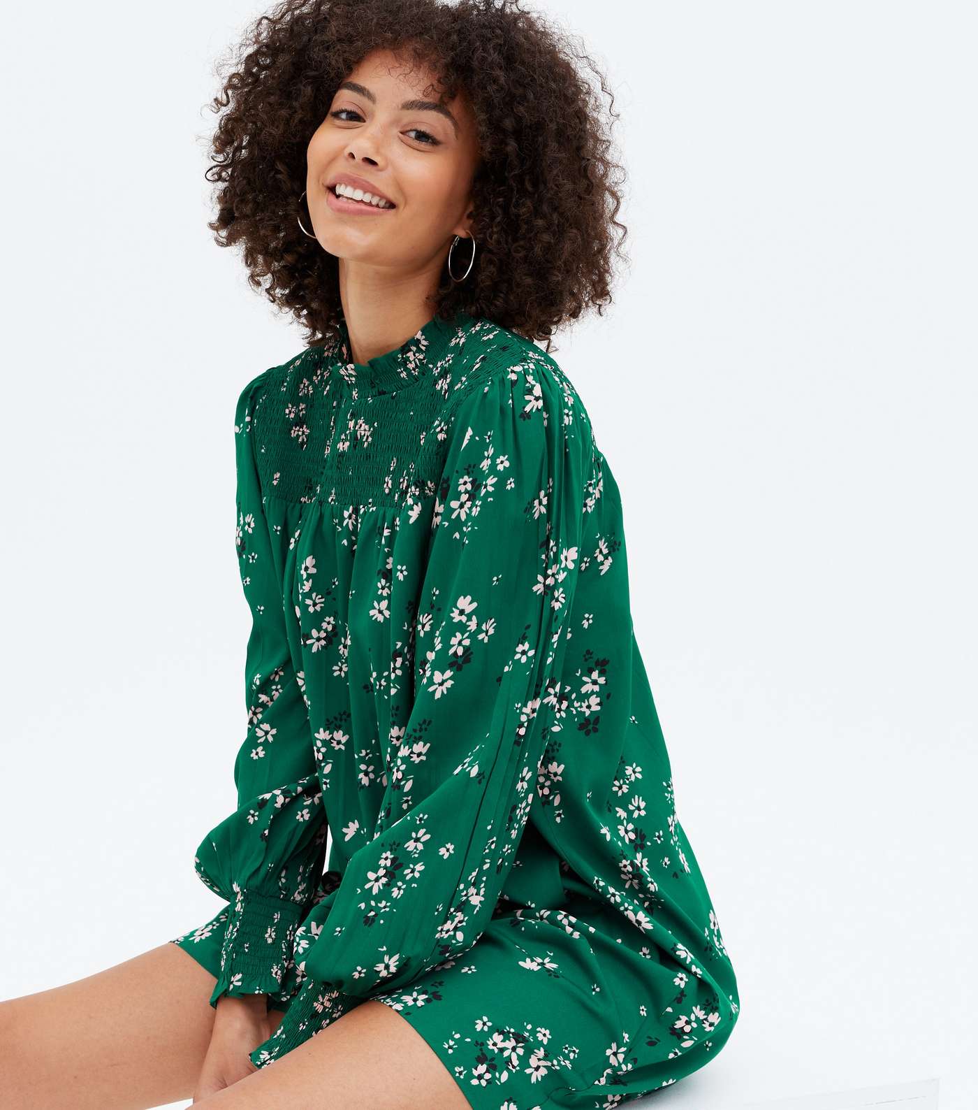 Tall Green Floral Shirred Frill High Neck Mini Dress Image 3