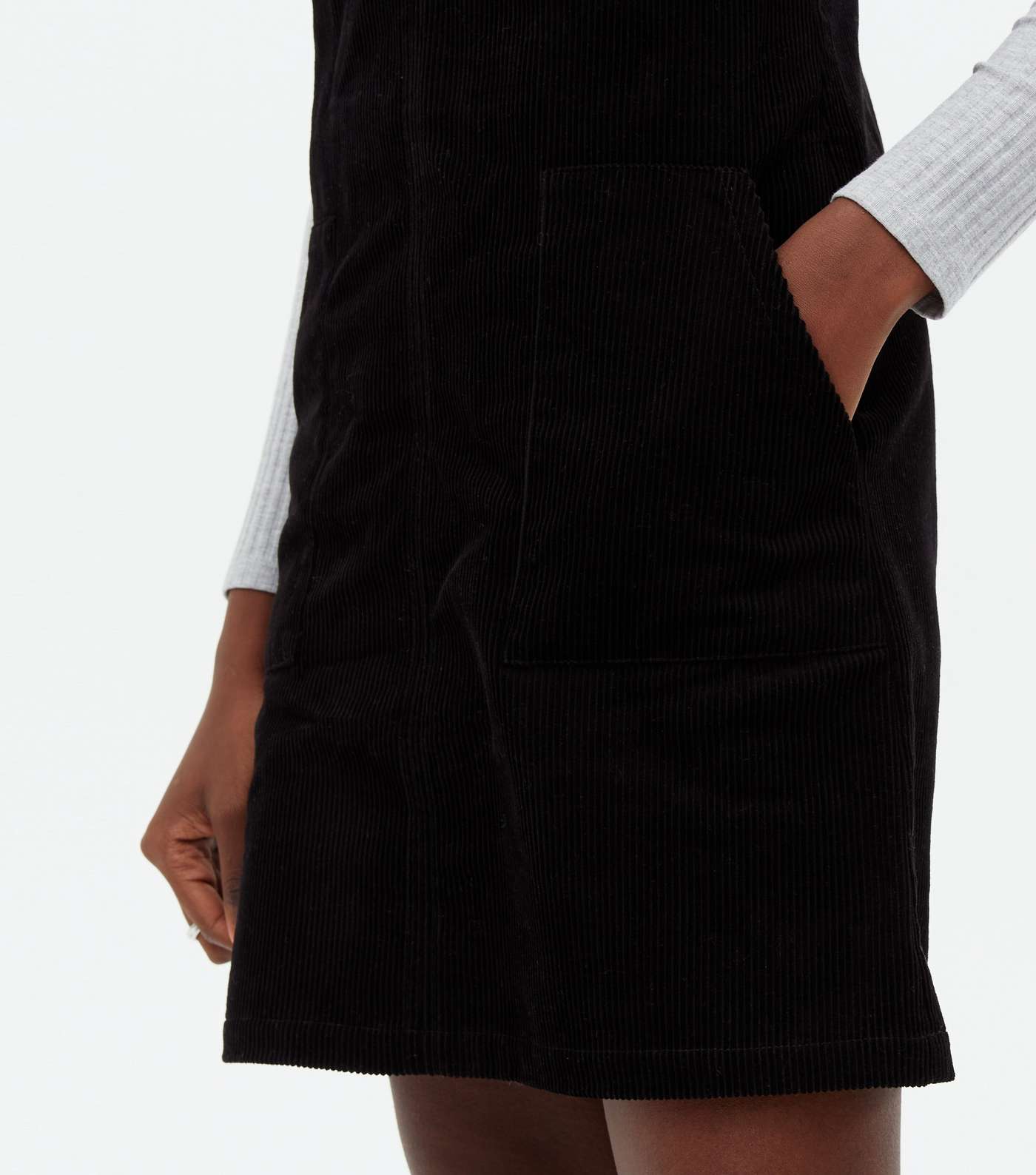 Tall Black Cord Mini Pinafore Dress Image 3