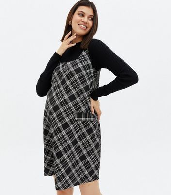 Maternity Black Check Square Neck Pinafore Dress | New Look