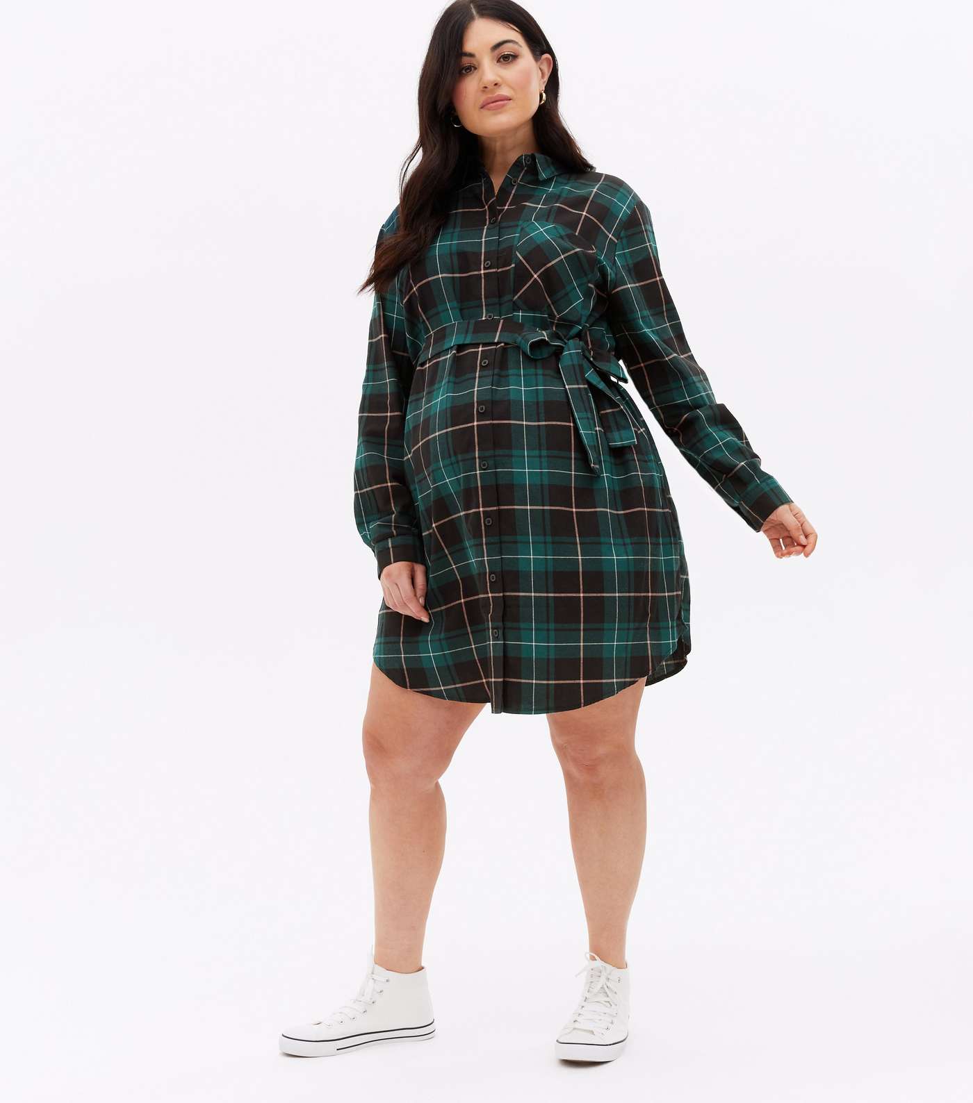 Maternity Green Check Belted Shirt Dress Image 3
