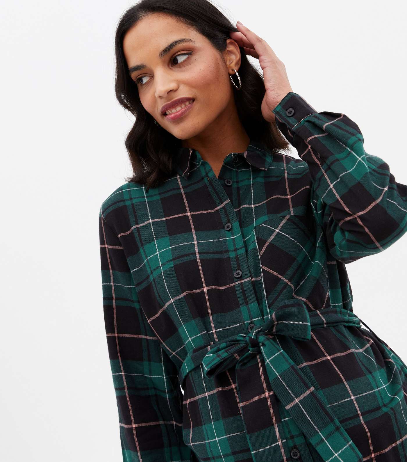 Maternity Green Check Belted Shirt Dress Image 5
