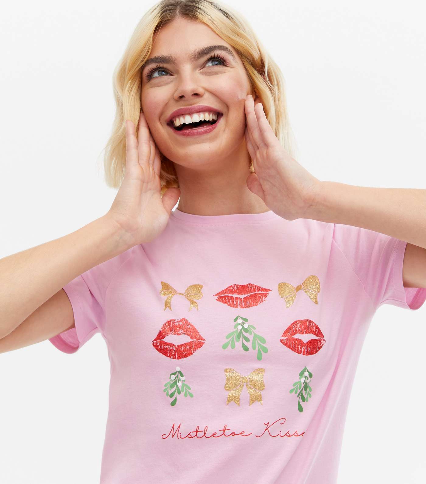 Mid Pink Christmas Mistletoe Kisses Logo T-Shirt