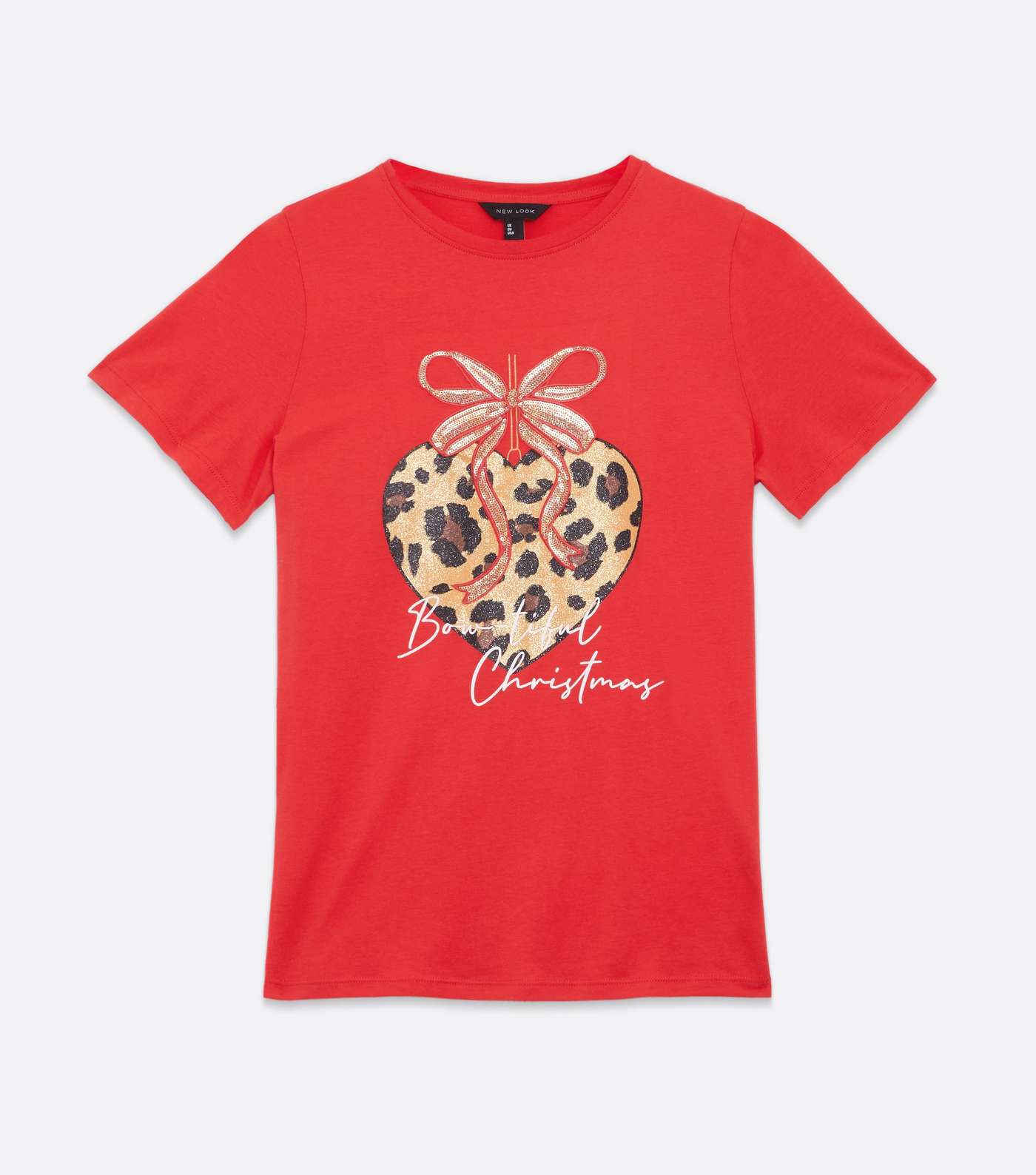 Red Leopard Print Heart Bow-tiful Christmas Logo T-Shirt Image 5