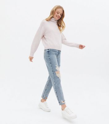 Pale Blue Ripped High Waist Tori Mom 