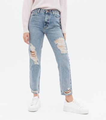 blue ripped high waist tori mom jeans