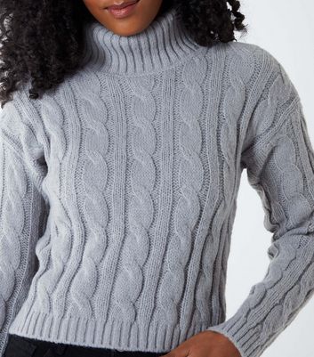 Pink Vanilla Grey Cable Knit Roll Neck Crop Jumper New Look