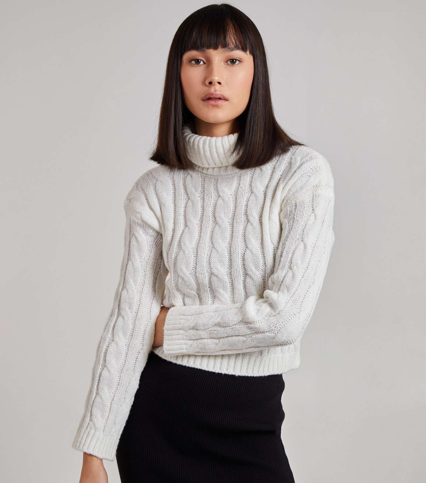 Pink Vanilla White Cable Knit Roll Neck Crop Jumper Image 2