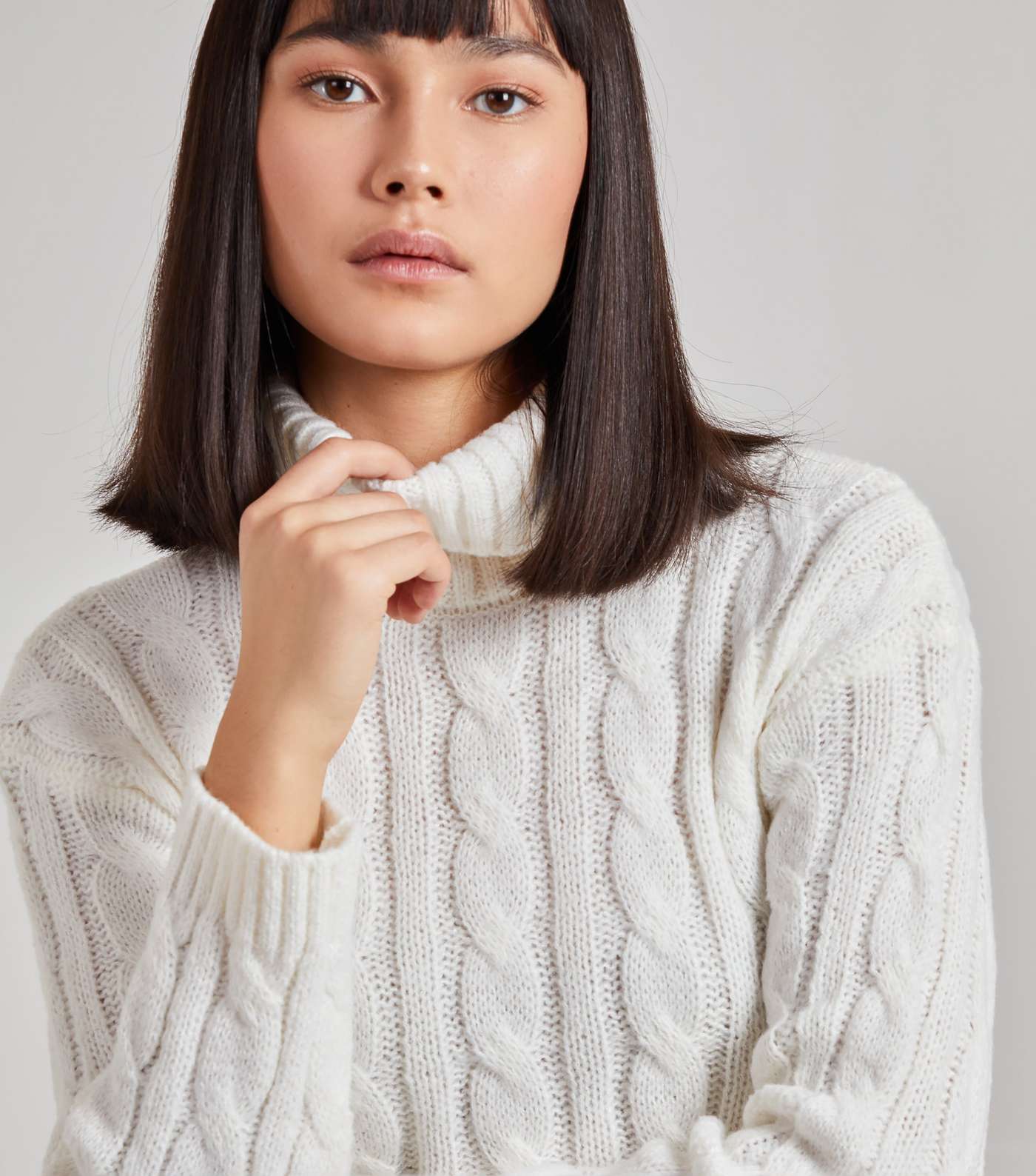 Pink Vanilla White Cable Knit Roll Neck Crop Jumper Image 4