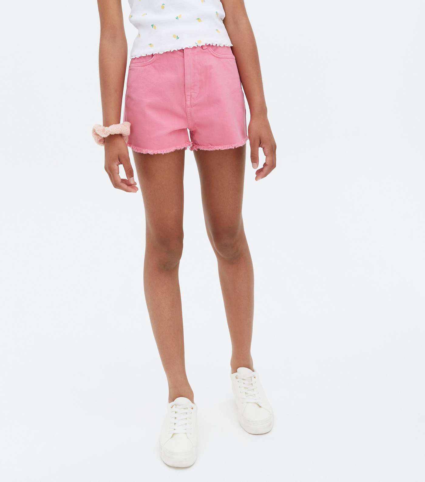 Girls Mid Pink Denim Frayed Mom Shorts Image 2