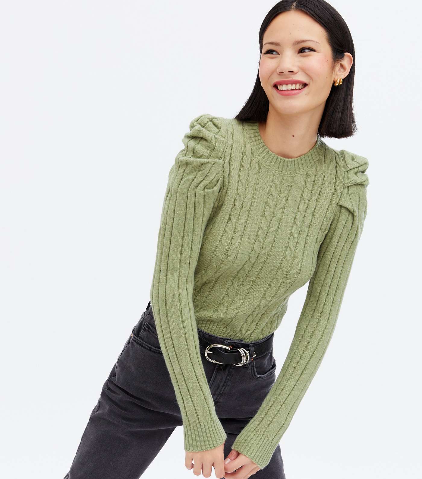 Pink Vanilla Light Green Cable Knit Ruched Jumper