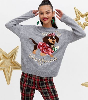 Light Grey Sausage Dog Sequin Christmas Jumper New Look