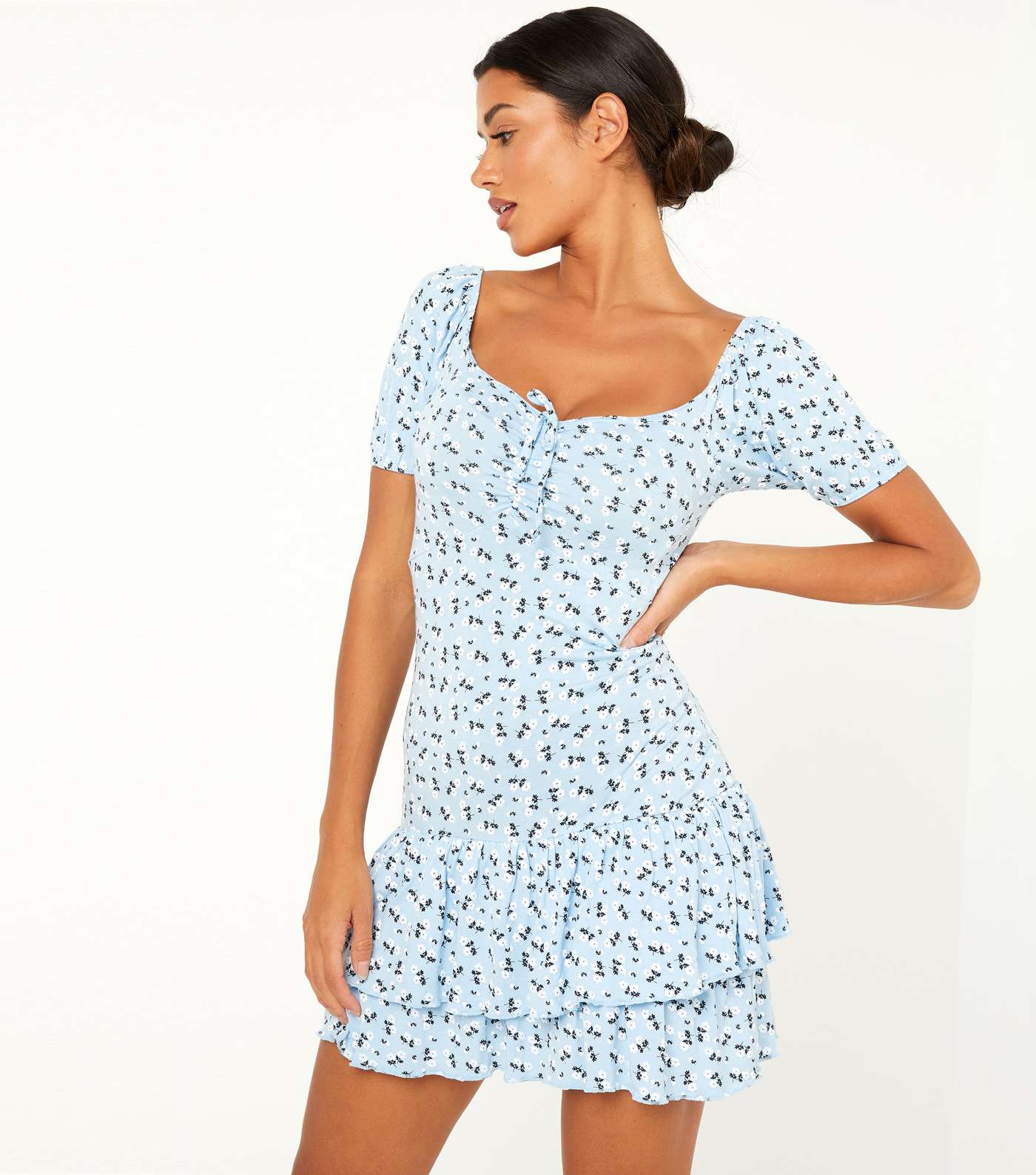QUIZ Pale Blue Ditsy Floral Frill Tiered Mini Dress