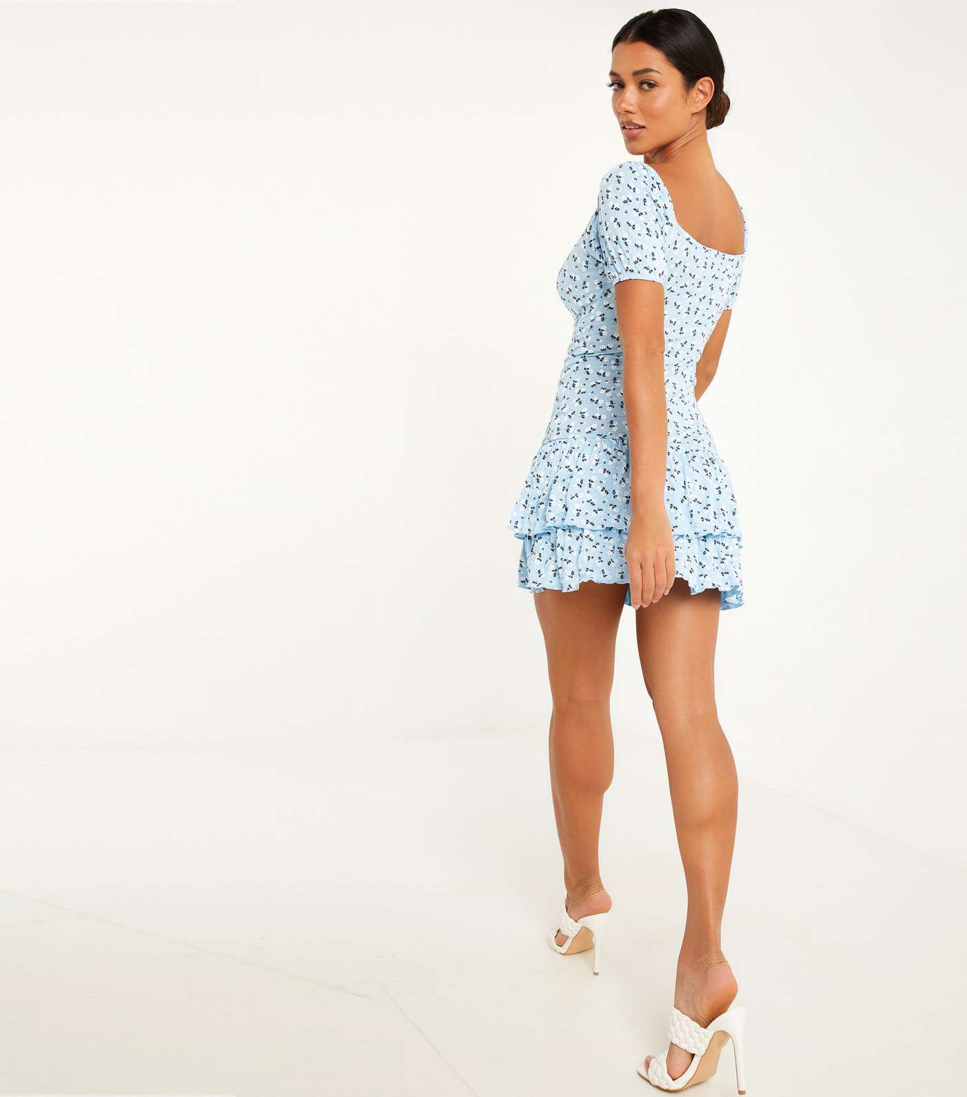QUIZ Pale Blue Ditsy Floral Frill Tiered Mini Dress Image 3