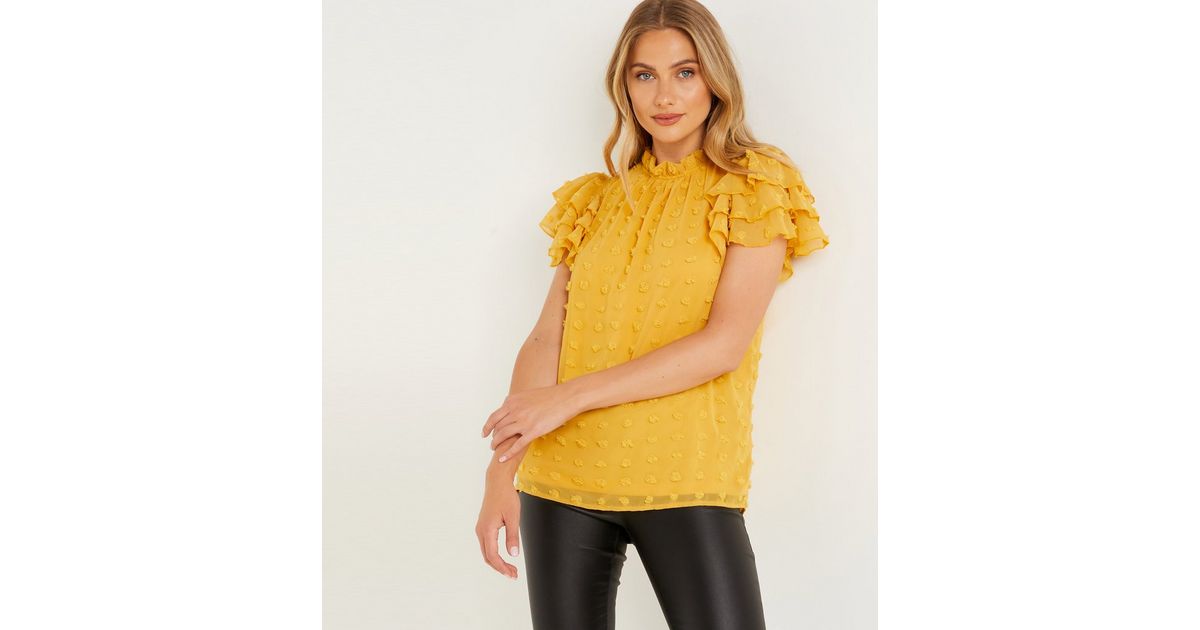 QUIZ Mustard Spot Chiffon Frill Blouse New Look