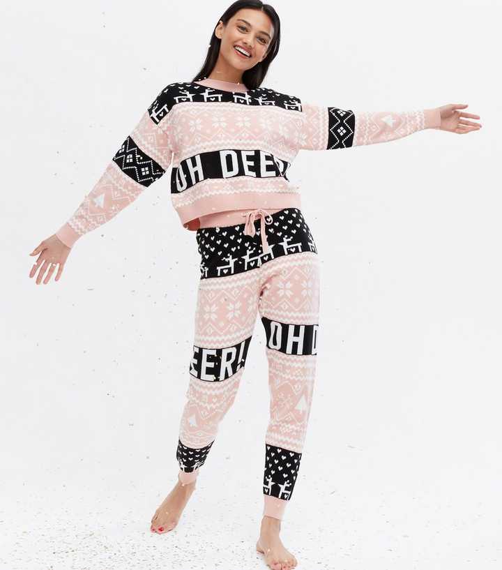 Pink Christmas Fair Isle Oh Deer Top and Bottom Pyjama Set