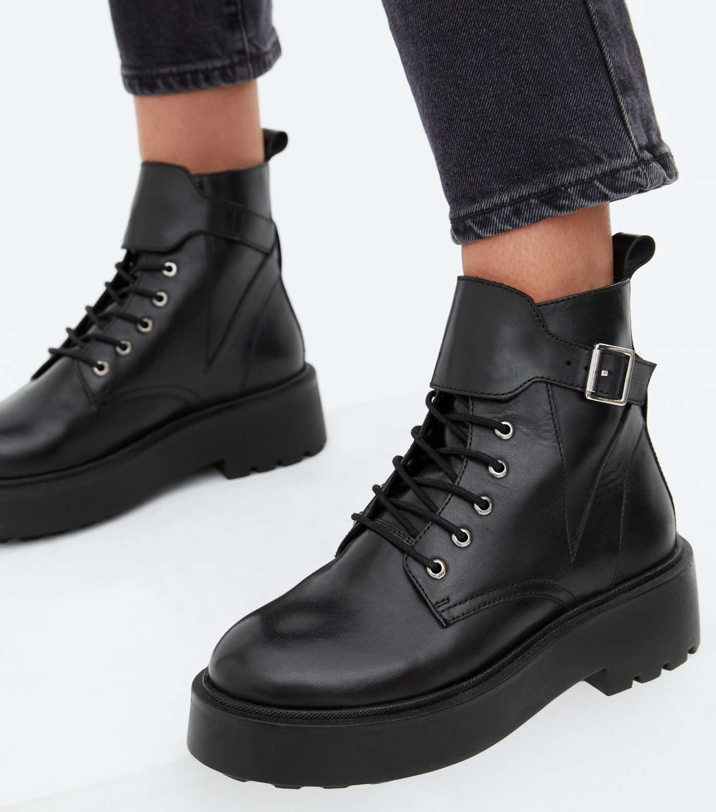 Black Leather Buckle Lace Up Chunky Biker Boots Image 2
