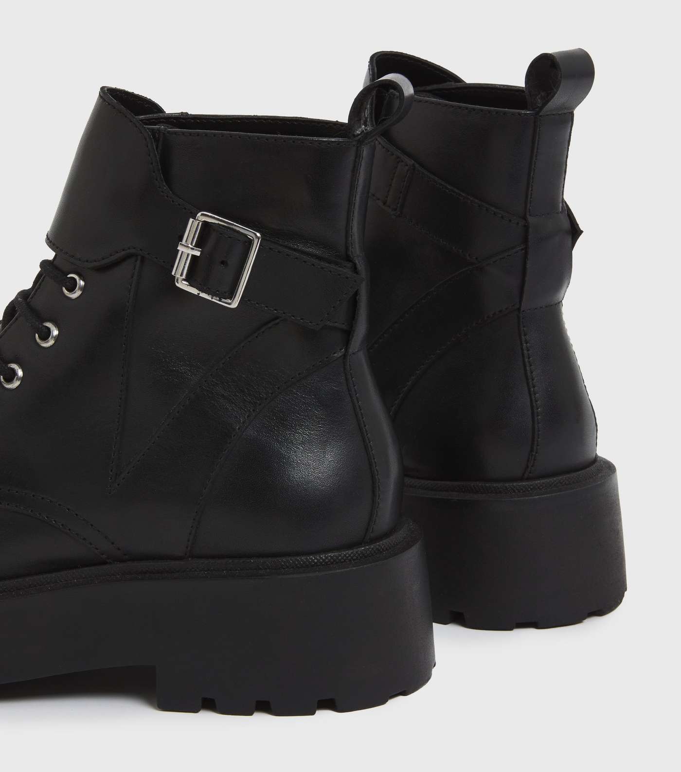 Black Leather Buckle Lace Up Chunky Biker Boots Image 4