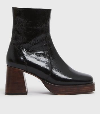 Black Leather Platform Block Heel Ankle Boots