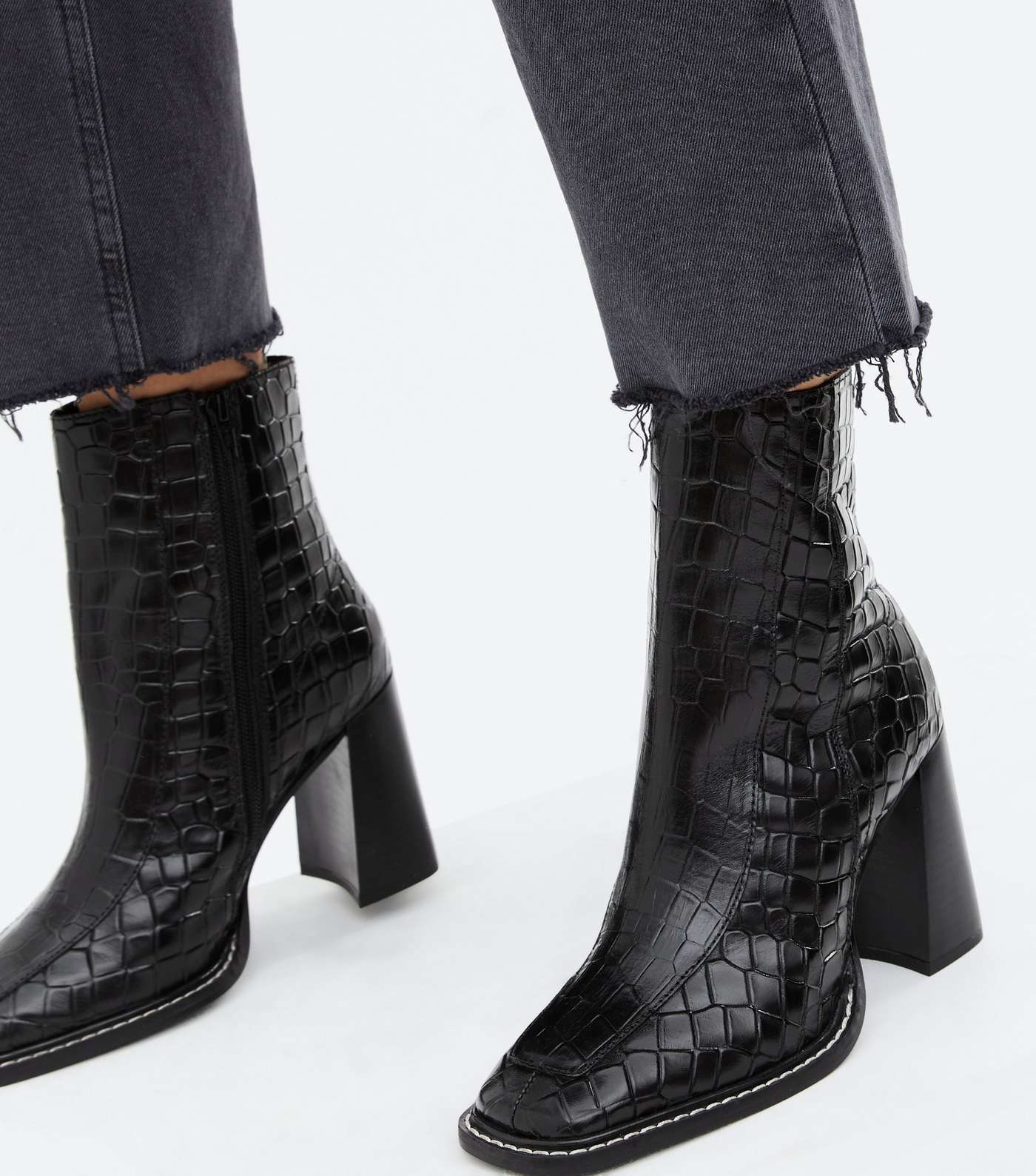 Black Leather Faux Croc Flared Block Heel Ankle Boots Image 2