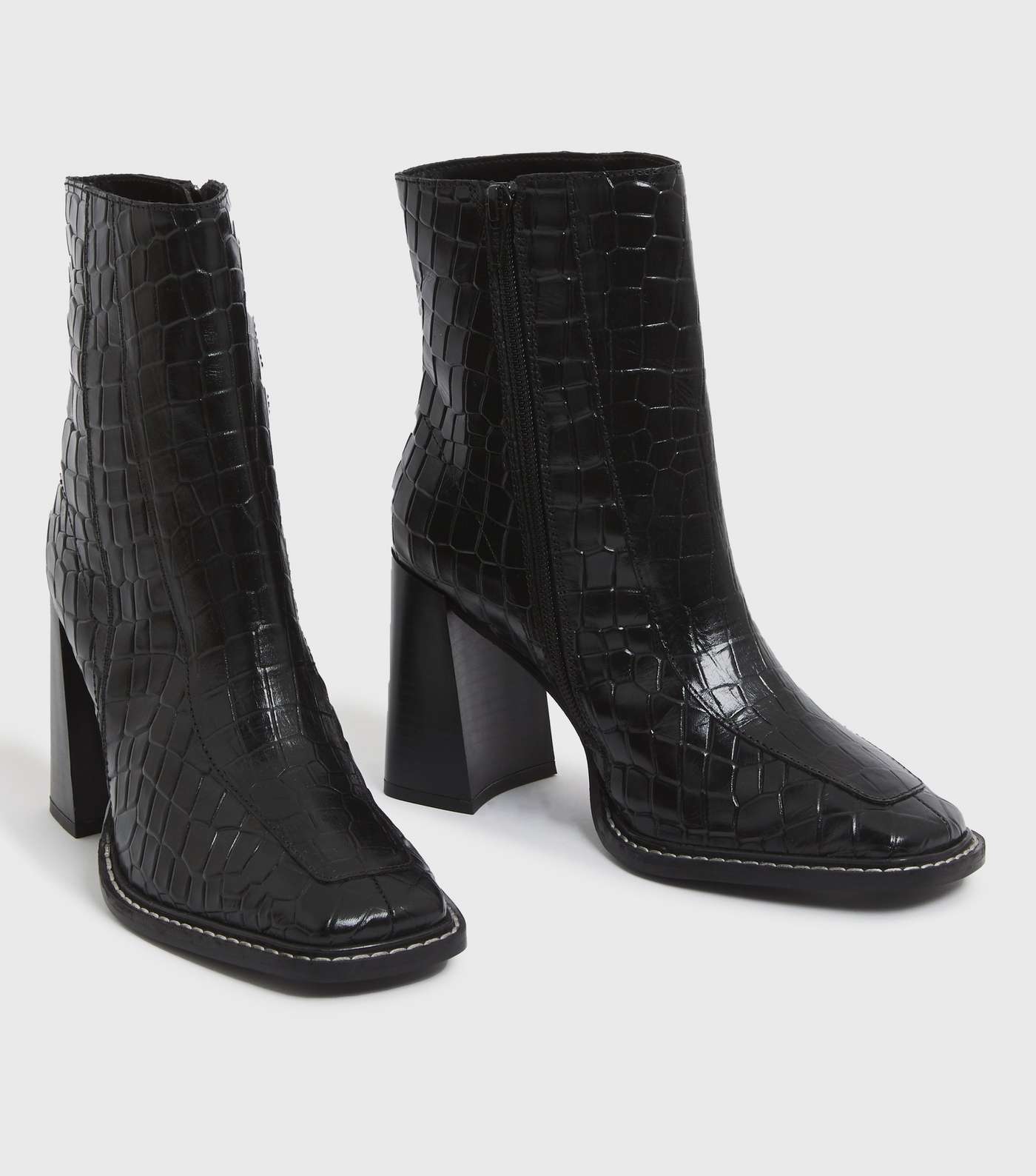 Black Leather Faux Croc Flared Block Heel Ankle Boots Image 4