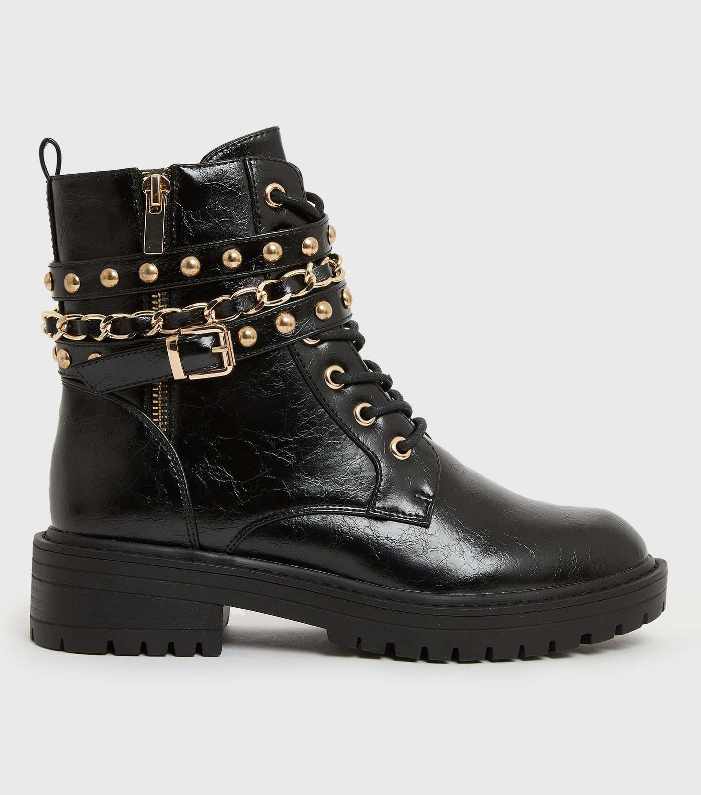 Black Stud Chain Trim Chunky Ankle Boots