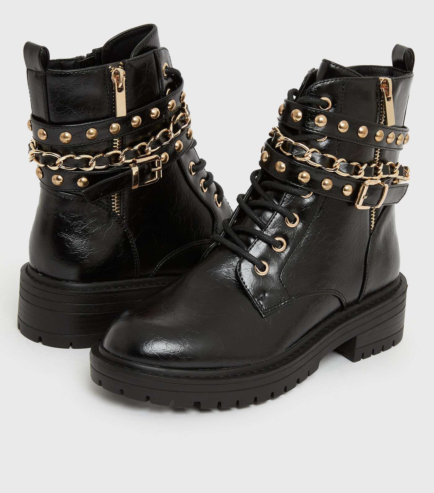 Black Stud Chain Trim Chunky Ankle Boots Image 3
