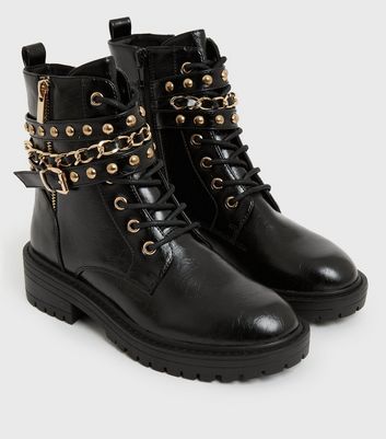 shop for Black Stud Chain Trim Chunky Ankle Boots New Look Vegan at Shopo